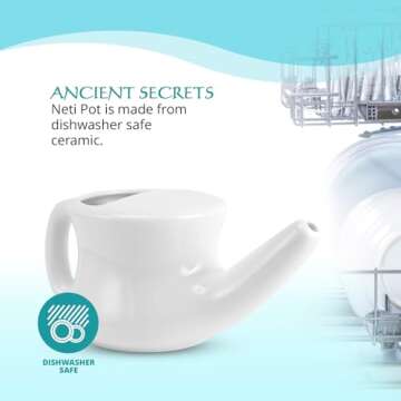 ANCIENT SECRETS Neti Pot Sinus Rinse + Pre-Measured Cleansing Salt Pack – Dishwasher-Safe Ceramic Model, Patented Ergonomic No-Leak Design, Nasal Cleansing Pot, Nasal Irrigation