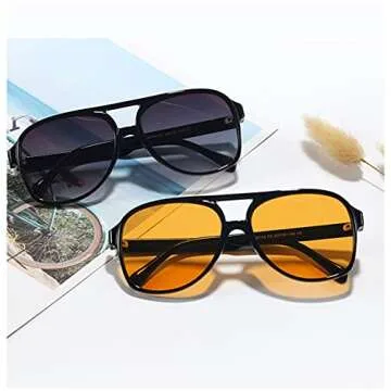 IKUVNA Vintage Aviator Sunglasses for Women Men 70s Glasses Retro Oversized Yellow Lens Shades