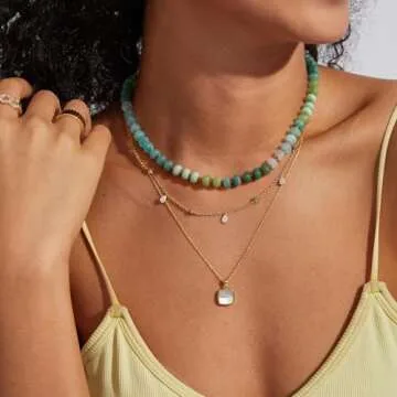 KissYan Beaded Gemstone Necklace for Women, Colorful Boho Bead Choker Natural Stone Surfer Beach Nec...