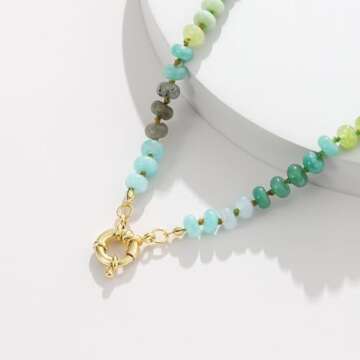 KissYan Beaded Gemstone Necklace for Women, Colorful Boho Bead Choker Natural Stone Surfer Beach Necklaces 14K Gold Plated Summer Handmade Jewelry(J08)