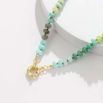 KissYan Beaded Gemstone Necklace for Women, Colorful Boho Bead Choker Natural Stone Surfer Beach Necklaces 14K Gold Plated Summer Handmade Jewelry(J08)