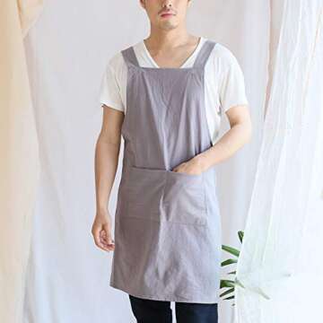 NEWGEM Japanese Linen Cross Back Kitchen Cooking Aprons for Men with Pockets for Baking Painting Gar...