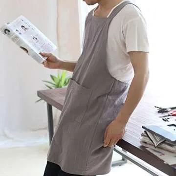 NEWGEM Japanese Linen Cross Back Kitchen Cooking Aprons for Men with Pockets for Baking Painting Gardening Cleaning Gray