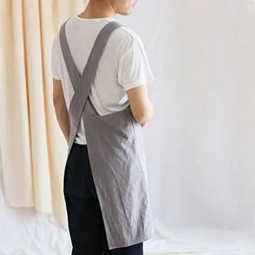 NEWGEM Japanese Linen Cross Back Kitchen Cooking Aprons for Men with Pockets for Baking Painting Gardening Cleaning Gray