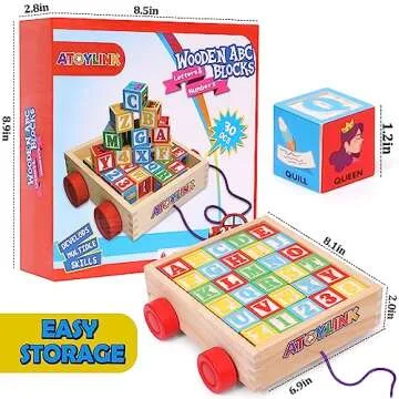 Atoylink ABC Wooden Building Blocks for Toddlers 1-3, 30 Pcs Alphabet & Number Stacking Toys with Storage Pull Toy Car Learning & Education Montessori Toys for 1 2 3 Year Old Baby Boy Girl Gifts
