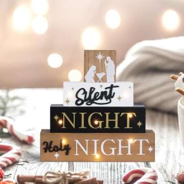 Nativity Sets for Christmas Indoor, MEETYAMOR Large Size LED 4-Layered Nativity Scene Wooden Block Silent Night Holy Night Sign Christmas Decor,Christmas Decorations Indoor for Home, Mantle, Table