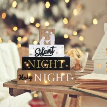 Nativity Sets for Christmas Indoor, MEETYAMOR Large Size LED 4-Layered Nativity Scene Wooden Block Silent Night Holy Night Sign Christmas Decor,Christmas Decorations Indoor for Home, Mantle, Table