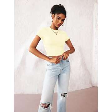 TECREW Womens Summer Short Sleeve Cute Crop Tops Casual Basic Crewneck Slim Fit T-Shirts, LightYellow, Medium
