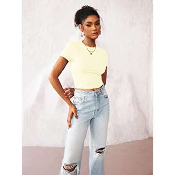 TECREW Womens Summer Short Sleeve Cute Crop Tops Casual Basic Crewneck Slim Fit T-Shirts, LightYellow, Medium