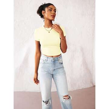 TECREW Womens Summer Short Sleeve Cute Crop Tops Casual Basic Crewneck Slim Fit T-Shirts, LightYellow, Medium
