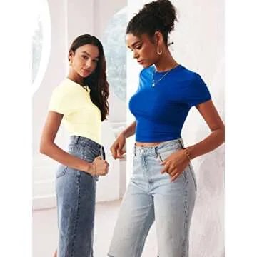TECREW Womens Summer Short Sleeve Cute Crop Tops Casual Basic Crewneck Slim Fit T-Shirts, LightYellow, Medium