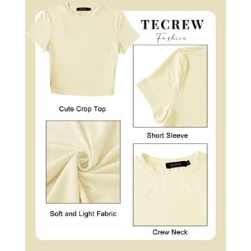 TECREW Womens Summer Short Sleeve Cute Crop Tops Casual Basic Crewneck Slim Fit T-Shirts, LightYellow, Medium