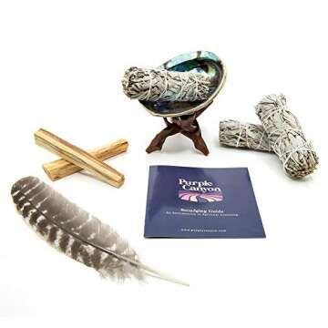 Purple Canyon Smudge Kit (Beginner's Gift Set) - 3 White Sage Smudge Sticks, 2 Palo Santo, Abalone Shell, Smudge Feather w/Stand + Smudging Guide for Home Cleansing & Healing Meditation Rituals