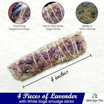 Lavender with White Sage - Bholi Sage Plus Sage Incense Sticks for Cleansing Negative Energy, Sage Sticks for House Cleansing - Lavender with White Sage Smudge Sticks Pack of 4