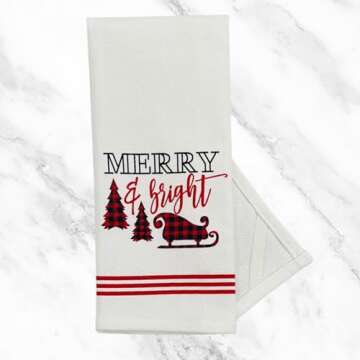 Farmhouse Christmas Kitchen Hand Towels: Most Wonderful Time Print on Flat Weave and Country Black White Check with Decorative Trees on Herringbone Weave with Easy Hang Fabric Loops (Wonderful Time)