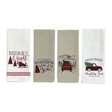 Farmhouse Christmas Kitchen Hand Towels: Most Wonderful Time Print on Flat Weave and Country Black White Check with Decorative Trees on Herringbone Weave with Easy Hang Fabric Loops (Wonderful Time)