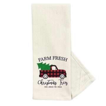 Farmhouse Christmas Kitchen Hand Towels: Most Wonderful Time Print on Flat Weave and Country Black White Check with Decorative Trees on Herringbone Weave with Easy Hang Fabric Loops (Wonderful Time)