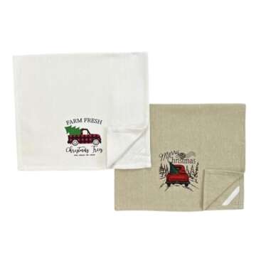 Farmhouse Christmas Kitchen Hand Towels: Most Wonderful Time Print on Flat Weave and Country Black White Check with Decorative Trees on Herringbone Weave with Easy Hang Fabric Loops (Wonderful Time)