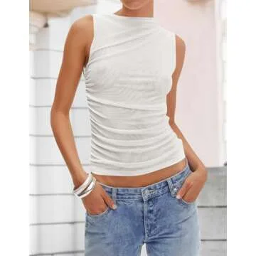 ZESICA Women's Mesh Tank Top - Stylish High Neck Ruched Tee for Summer