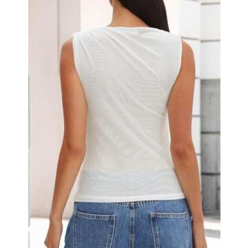 ZESICA Womens Mesh Tank Top Summer Sleeveless High Neck Ruched Slim Fitted Casual Tee Shirts,White,Medium
