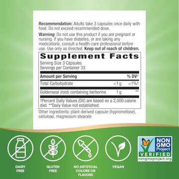 Nature's Way Goldenseal Root, Traditional Digestive Support*, Contains Berberine, Non-GMO Project Verified, Vegan, 100 Capsules (Packaging May Vary)