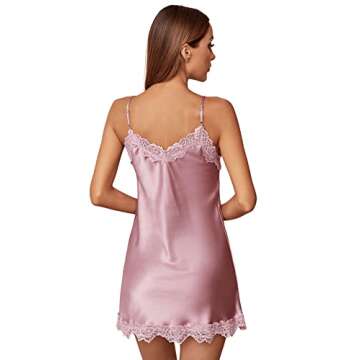 SweatyRocks Women's Satin Lace Lingerie V Neck Sleeveless Nightgown Sleepwear Cami Dress Dusty Pink ...