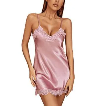 SweatyRocks Women's Satin Lace Lingerie V Neck Sleeveless Nightgown Sleepwear Cami Dress Dusty Pink M