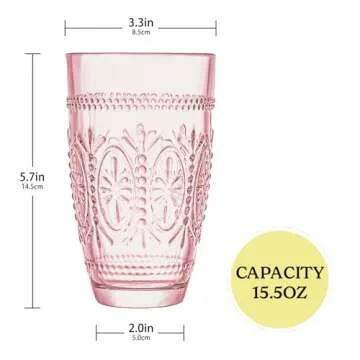 CREATIVELAND Colored Vintage Drinking Glasses Set of 4, 15.5 oz Romantic Embossed Water Glasses, Col...