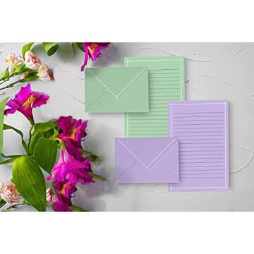 Better Office Products Mini Stationery Set, 100 Piece Set (50 Lined Sheets + 50 Matching Envelopes), 4 Solid Colors, Thin White Border, 5.5 x 8.25 inch, Double Sided Printing, One Side Lined Paper,