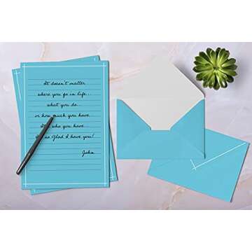 Better Office Products Mini Stationery Set, 100 Piece Set (50 Lined Sheets + 50 Matching Envelopes), 4 Solid Colors, Thin White Border, 5.5 x 8.25 inch, Double Sided Printing, One Side Lined Paper,