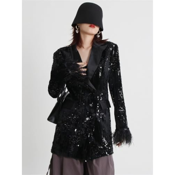 Chic Black Sequin Dress with Feather Trim for Parties