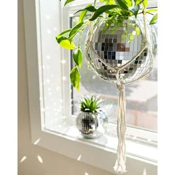 Havenstone Home Hanging Disco Ball Planter 8" - with Acrylic Stand and Macrame Plant Hanger - Home Décor, Room Décor, Patio or Boho Décor, Mirror Disco Planter, Disco Decor (8" No Base)