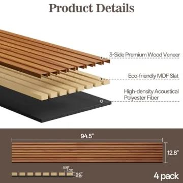 Vellorise 4 Pack Wood Panels for Wall, 94.4" x 12.6" Acoustic Wood Slat Wall Panel for Interior Deco...