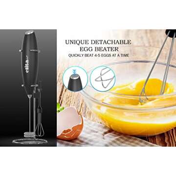 ELITAPRO ULTRA-HIGH SPEED Milk Frother - Double Whisk Handheld Foam Maker - 2-in-1 Drink Mixer - Detachable Egg Beater - Frother Wand for Matcha, Coffee, Latte, Cappuccino, Hot Chocolate (Black)