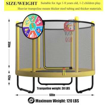 LANGXUN 60" Trampoline for Kids, 5ft Mini Toddler Indoor & Outdoor Trampoline with Net, Basketball Hoop & Dart Board, Birthday Gifts for Boys & Girls, Baby Toddler Christmas Toys (Yellow)