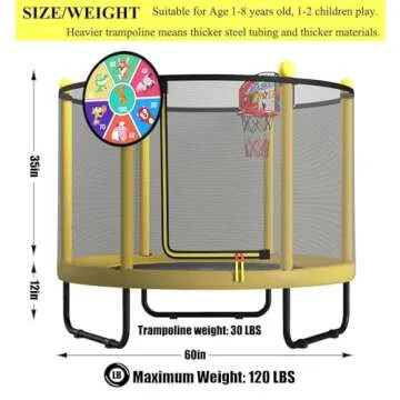 LANGXUN 60" Trampoline for Kids, 5ft Mini Toddler Indoor & Outdoor Trampoline with Net, Basketball Hoop & Dart Board, Birthday Gifts for Boys & Girls, Baby Toddler Christmas Toys (Yellow)