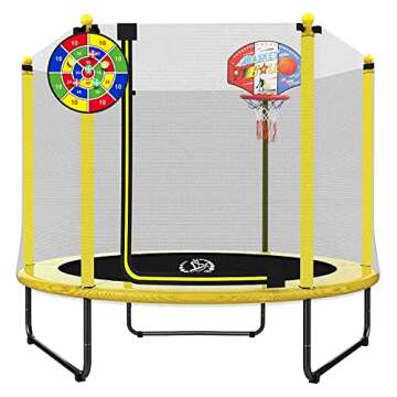 LANGXUN 60" Trampoline for Kids, 5ft Mini Toddler Indoor & Outdoor Trampoline with Net, Basketball Hoop & Dart Board, Birthday Gifts for Boys & Girls, Baby Toddler Christmas Toys (Yellow)