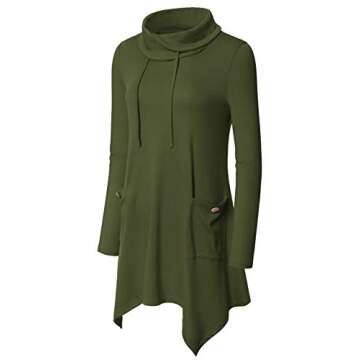 Bulotus Ladies Cowl Neck Long Sleeve Elegant Tunic Top for Leggings - Green