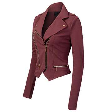 Design by Olivia Women's Stylish Long Sleeve Double Zip Moto Jacket Red Bean L