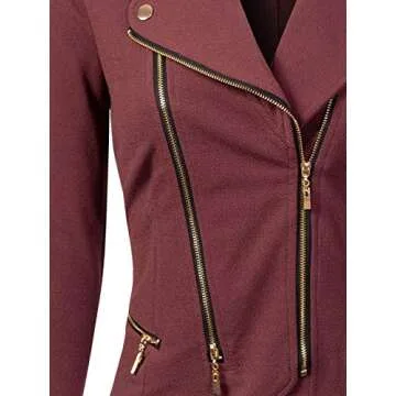 Design by Olivia Women's Stylish Long Sleeve Double Zip Moto Jacket Red Bean L
