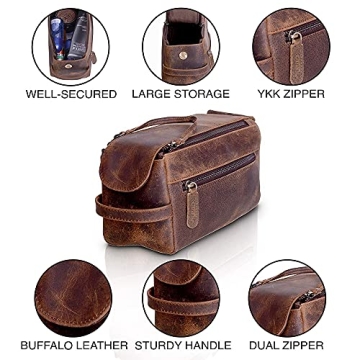 Premium Buffalo Leather Toiletry Bag - Unisex Travel Dopp Kit