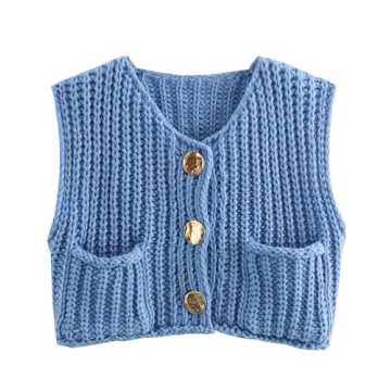Hvewarm Womens Casual Chunky Knit Vest Gold Button Down Crop Crochet Sleeveless Sweater Vest (Blue-M...