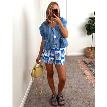 Hvewarm Womens Casual Chunky Knit Vest Gold Button Down Crop Crochet Sleeveless Sweater Vest (Blue-M)