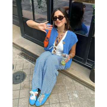 Hvewarm Womens Casual Chunky Knit Vest Gold Button Down Crop Crochet Sleeveless Sweater Vest (Blue-M)