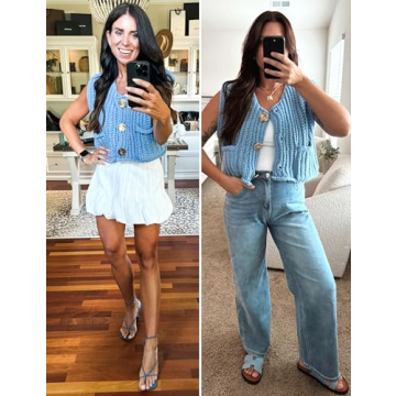 Hvewarm Womens Casual Chunky Knit Vest Gold Button Down Crop Crochet Sleeveless Sweater Vest (Blue-M)
