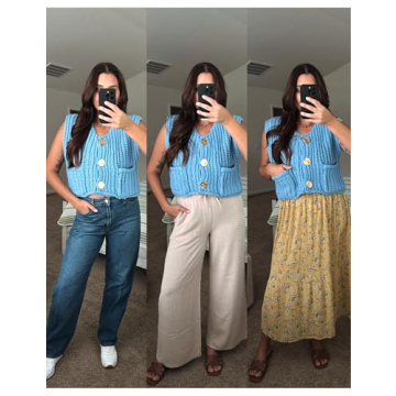 Hvewarm Womens Casual Chunky Knit Vest Gold Button Down Crop Crochet Sleeveless Sweater Vest (Blue-M)