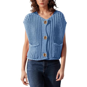 Hvewarm Womens Casual Chunky Knit Vest Gold Button Down Crop Crochet Sleeveless Sweater Vest (Blue-M)