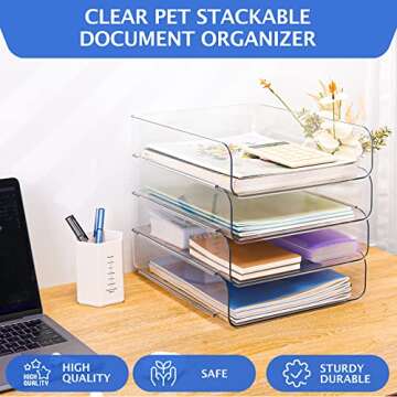 CiWiVOKi Set of 4 Office Organization and Storage, Clear PET Letter Tray Desk Organizer, Stackable P...