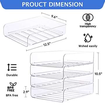 CiWiVOKi Set of 4 Office Organization and Storage, Clear PET Letter Tray Desk Organizer, Stackable Paper Tray Organizer for Desk Accessories, Notes, Pens, File Paper, Document