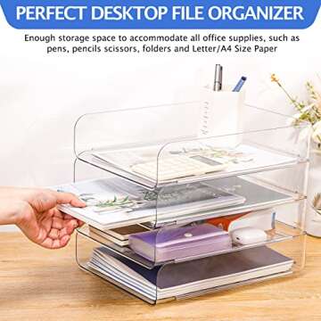 CiWiVOKi Set of 4 Office Organization and Storage, Clear PET Letter Tray Desk Organizer, Stackable Paper Tray Organizer for Desk Accessories, Notes, Pens, File Paper, Document